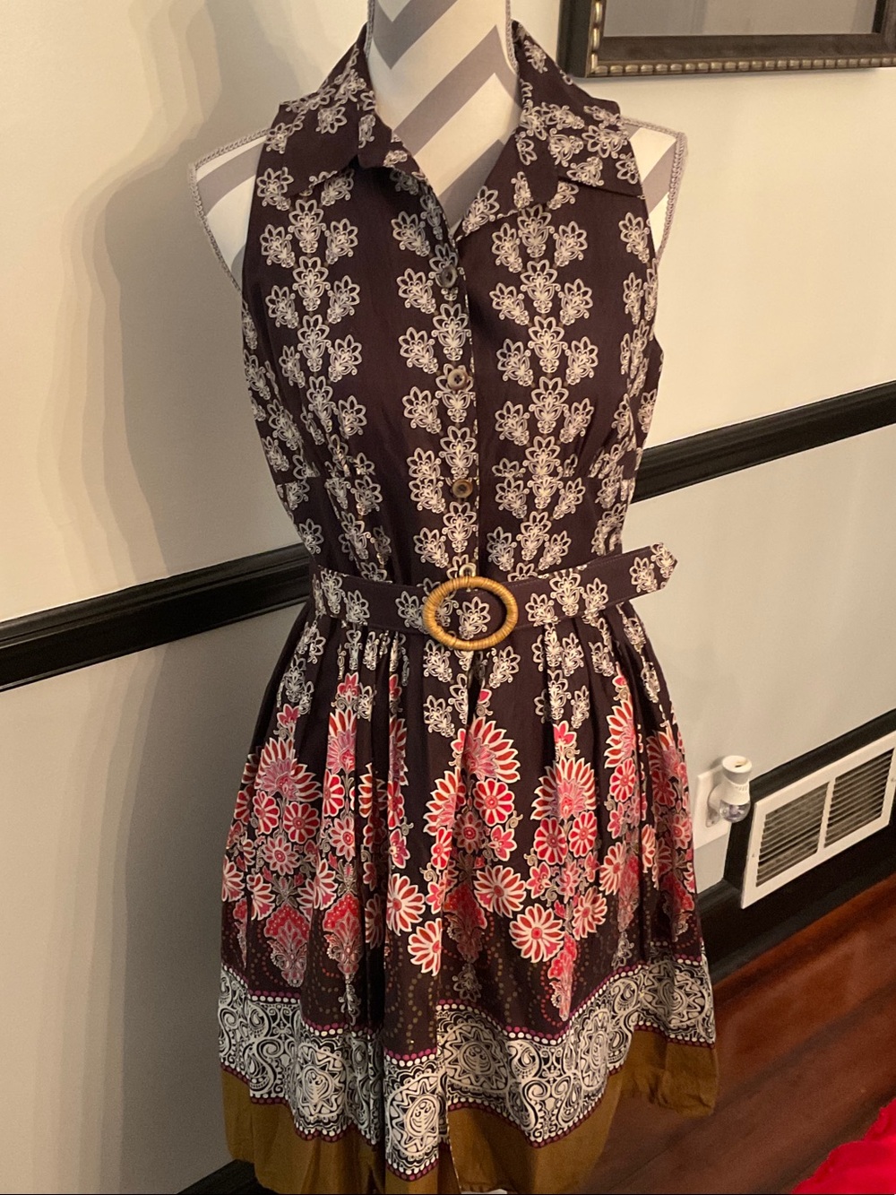 Coldwater Creek Black Floral Sleeveless Belted Dress with Pink Accents